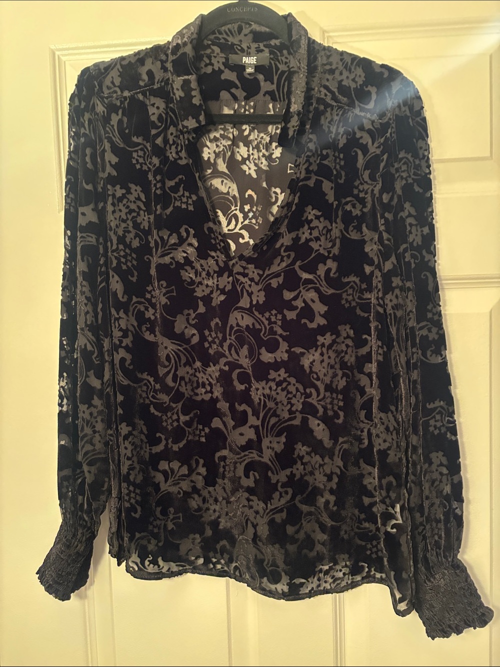 PAIGE Black Floral Burnout Velvet V-Neck Blouse